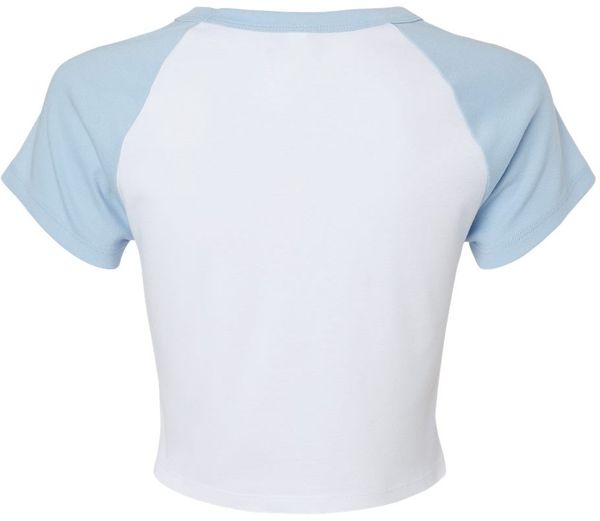 Am image of a Custom Bella and Canvas Womens Micro Rib Raglan Baby Tee in White/Baby Blue!