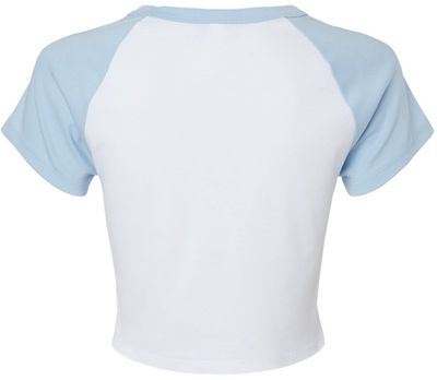 Am image of a Custom Bella and Canvas Womens Micro Rib Raglan Baby Tee in White/Baby Blue!