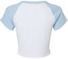 Am image of a Custom Bella and Canvas Womens Micro Rib Raglan Baby Tee in White/Baby Blue!