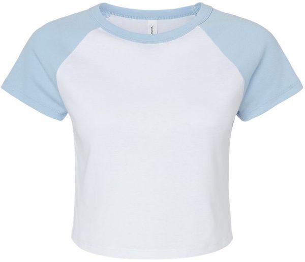 Am image of a Custom Bella and Canvas Womens Micro Rib Raglan Baby Tee in White/Baby Blue!