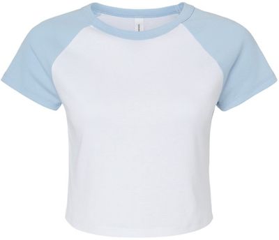 Am image of a Custom Bella and Canvas Womens Micro Rib Raglan Baby Tee in White/Baby Blue!