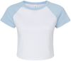 Am image of a Custom Bella and Canvas Womens Micro Rib Raglan Baby Tee in White/Baby Blue!