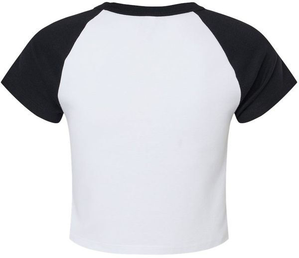 Am image of a Custom Bella and Canvas Womens Micro Rib Raglan Baby Tee in White/Black!
