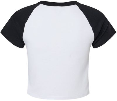 Am image of a Custom Bella and Canvas Womens Micro Rib Raglan Baby Tee in White/Black!
