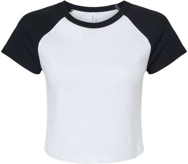 Am image of a Custom Bella and Canvas Womens Micro Rib Raglan Baby Tee in White/Black!