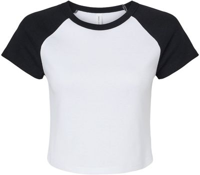 Am image of a Custom Bella and Canvas Womens Micro Rib Raglan Baby Tee in White/Black!