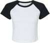 Am image of a Custom Bella and Canvas Womens Micro Rib Raglan Baby Tee in White/Black!
