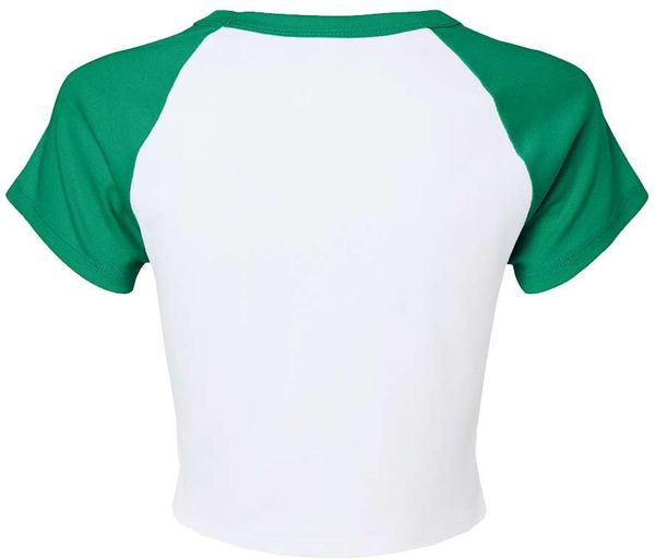 Am image of a Custom Bella and Canvas Womens Micro Rib Raglan Baby Tee in White/Kelly!