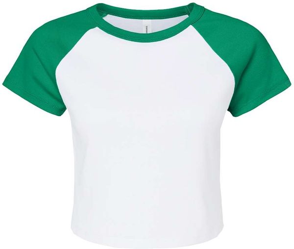 Am image of a Custom Bella and Canvas Womens Micro Rib Raglan Baby Tee in White/Kelly!