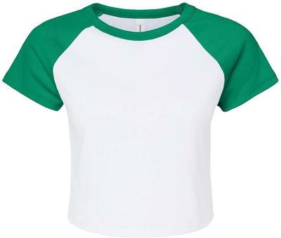 Am image of a Custom Bella and Canvas Womens Micro Rib Raglan Baby Tee in White/Kelly!