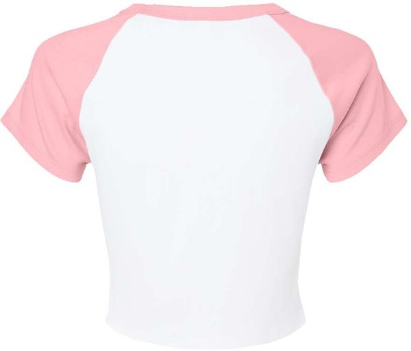 Am image of a Custom Bella and Canvas Womens Micro Rib Raglan Baby Tee in White/Pink!