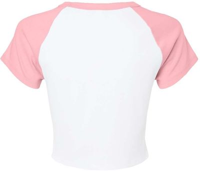 Am image of a Custom Bella and Canvas Womens Micro Rib Raglan Baby Tee in White/Pink!