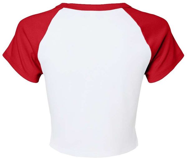 Am image of a Custom Bella and Canvas Womens Micro Rib Raglan Baby Tee in White/Red!