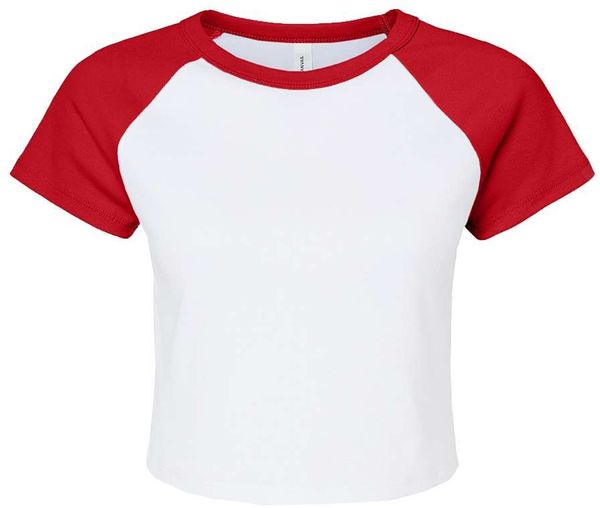 Am image of a Custom Bella and Canvas Womens Micro Rib Raglan Baby Tee in White/Red!
