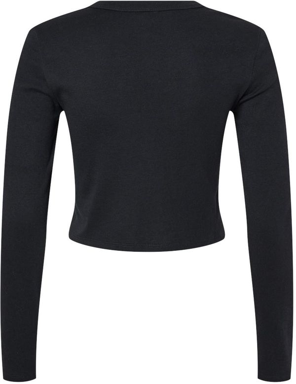 Am image of a Custom Bella and Canvas Womens Micro Rib Long Sleeve Baby Tee in Solid Black Blend!