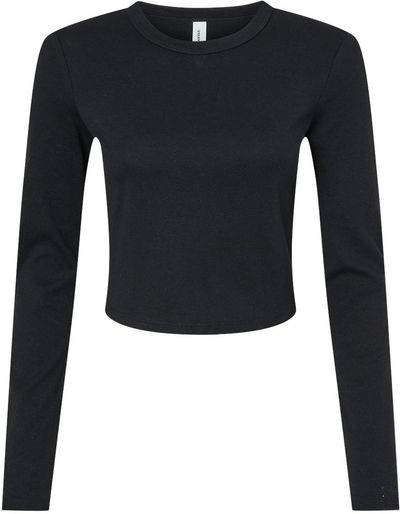 Am image of a Custom Bella and Canvas Womens Micro Rib Long Sleeve Baby Tee in Solid Black Blend!