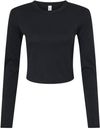 Am image of a Custom Bella and Canvas Womens Micro Rib Long Sleeve Baby Tee in Solid Black Blend!