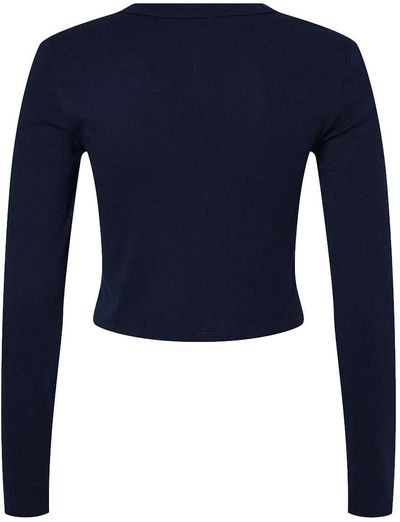Am image of a Custom Bella and Canvas Womens Micro Rib Long Sleeve Baby Tee in Solid Navy Blend!
