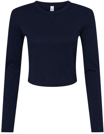 Am image of a Custom Bella and Canvas Womens Micro Rib Long Sleeve Baby Tee in Solid Navy Blend!