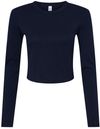 Am image of a Custom Bella and Canvas Womens Micro Rib Long Sleeve Baby Tee in Solid Navy Blend!