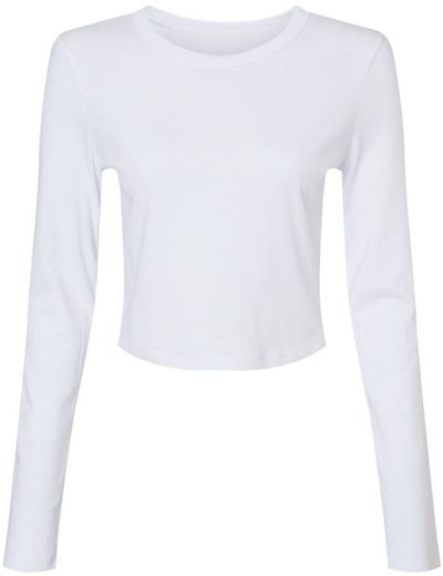 Am image of a Custom Bella and Canvas Womens Micro Rib Long Sleeve Baby Tee in Solid White Blend!