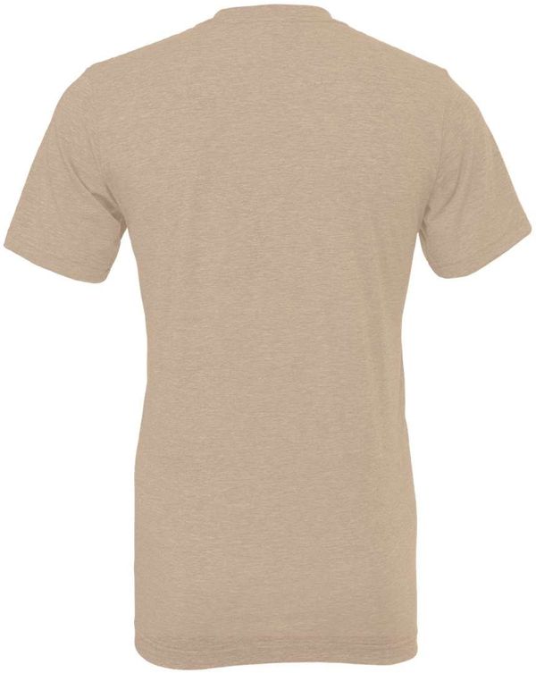Am image of a Custom Bella and Canvas Unisex CVC Jersey Tee in Heather Tan!