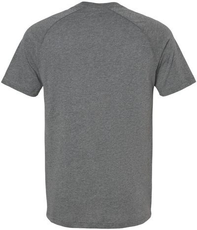 Am image of a Custom Bella and Canvas Heather CVC Raglan Tee in Deep Heather!