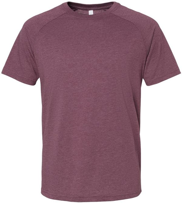 Am image of a Custom Bella and Canvas Heather CVC Raglan Tee in Heather Maroon!