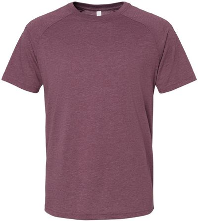 Am image of a Custom Bella and Canvas Heather CVC Raglan Tee in Heather Maroon!