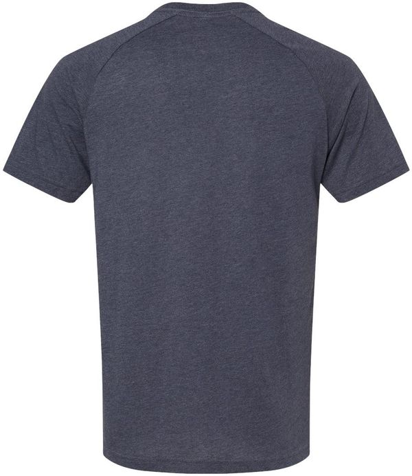 Am image of a Custom Bella and Canvas Heather CVC Raglan Tee in Heather Navy!