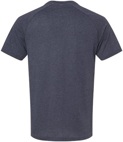 Am image of a Custom Bella and Canvas Heather CVC Raglan Tee in Heather Navy!
