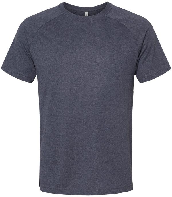 Am image of a Custom Bella and Canvas Heather CVC Raglan Tee in Heather Navy!