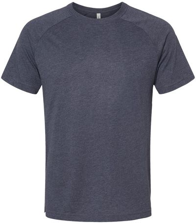 Am image of a Custom Bella and Canvas Heather CVC Raglan Tee in Heather Navy!