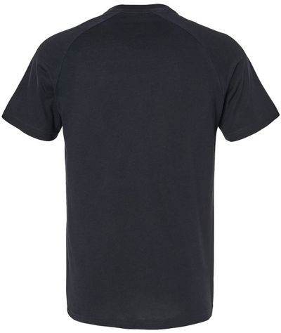 Am image of a Custom Bella and Canvas Heather CVC Raglan Tee in Solid Black Blend!