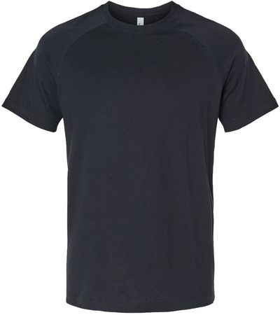 Am image of a Custom Bella and Canvas Heather CVC Raglan Tee in Solid Black Blend!