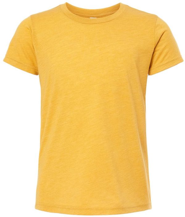 Am image of a Custom Bella and Canvas Youth Triblend Tee in Mustard Triblend!