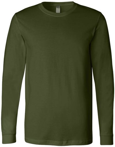 Am image of a Custom Bella and Canvas Jersey Long Sleeve T Shirt in Olive!