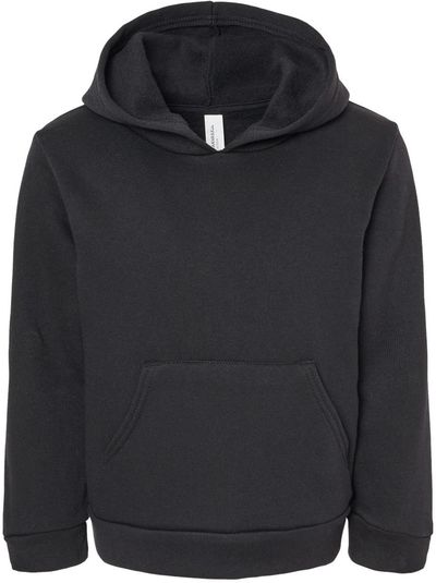 Am image of a Custom Bella and Canvas Toddler Sponge Fleece Pullover Hoodie in Black!