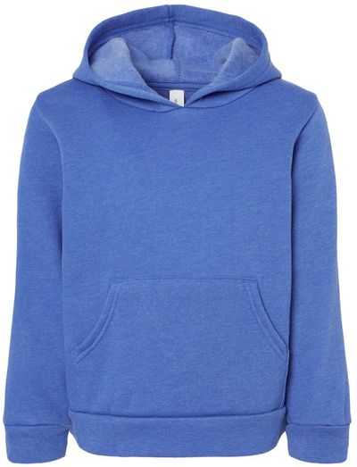 Am image of a Custom Bella and Canvas Toddler Sponge Fleece Pullover Hoodie in Heather True Royal!