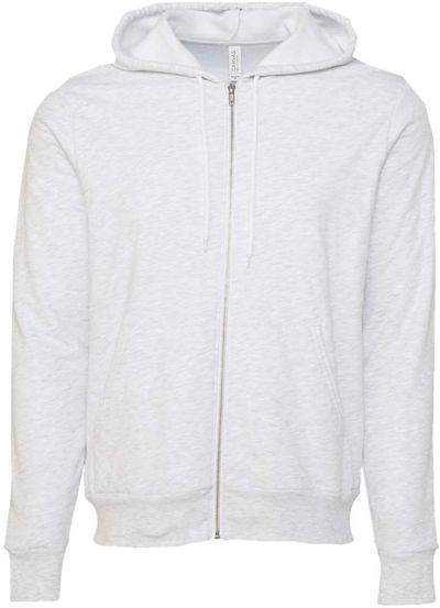 Am image of a Custom Bella and Canvas Poly Cotton Fleece Full Zip Hoodie in Ash!