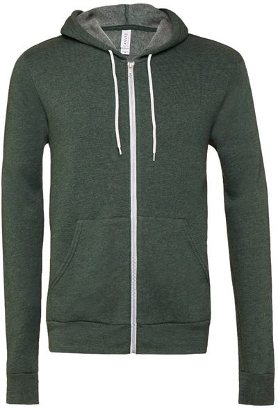 Am image of a Custom Bella and Canvas Poly Cotton Fleece Full Zip Hoodie in Heather Forest!