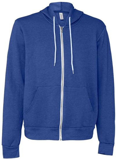 Am image of a Custom Bella and Canvas Poly Cotton Fleece Full Zip Hoodie in Heather True Royal!