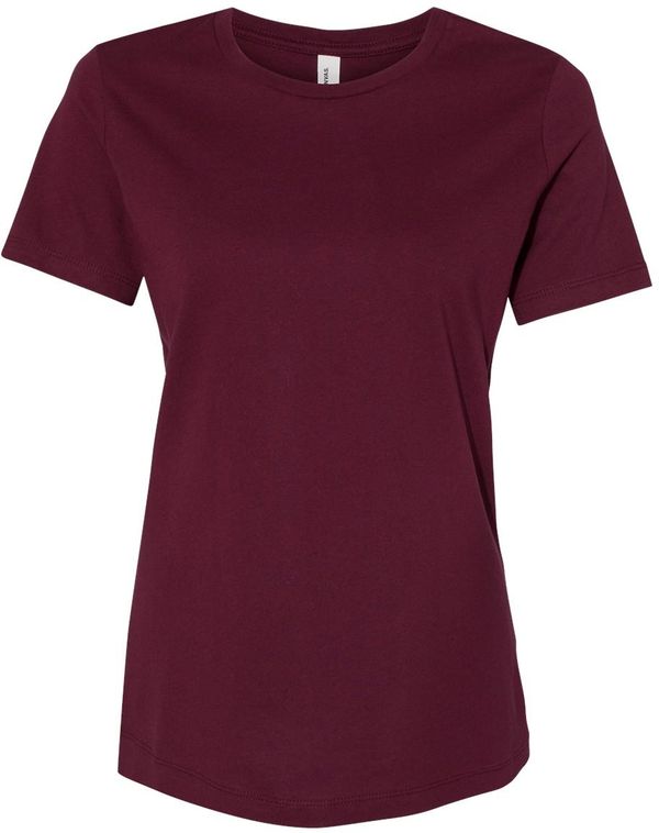 Am image of a Custom Bella and Canvas Womens Relaxed Jersey Tee in Maroon!