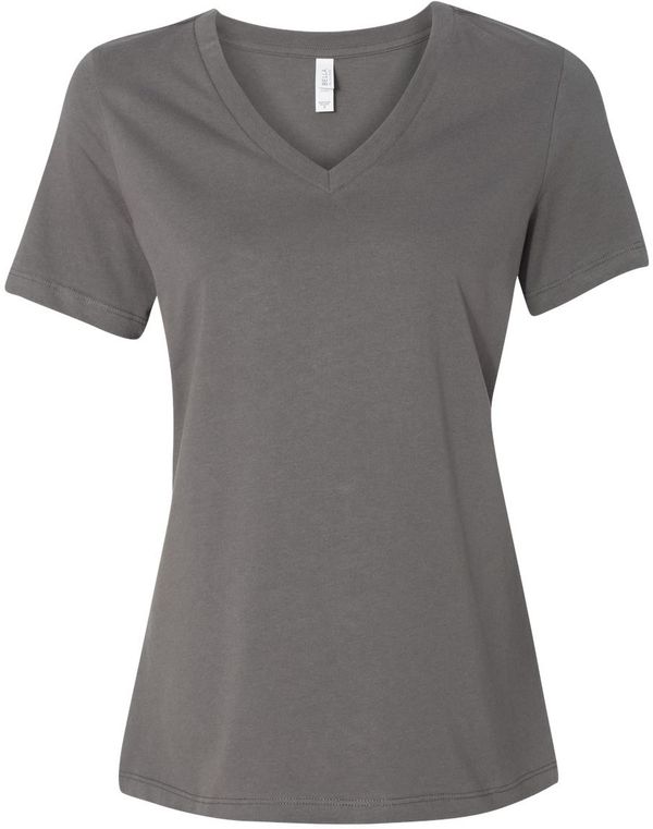 An image of a Custom Bella and Canvas Ladies' Relaxed Jersey V Neck T Shirt in Asphalt!