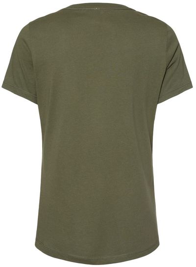 Am image of a Custom Bella and Canvas Ladies' Relaxed Jersey V Neck T Shirt in Military Green!