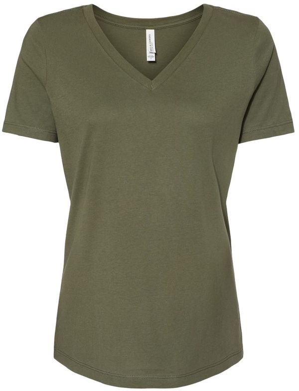Am image of a Custom Bella and Canvas Ladies' Relaxed Jersey V Neck T Shirt in Military Green!
