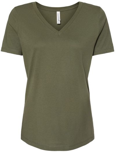 Am image of a Custom Bella and Canvas Ladies' Relaxed Jersey V Neck T Shirt in Military Green!