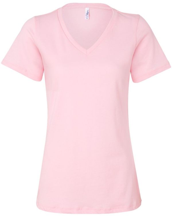 Am image of a Custom Bella and Canvas Ladies' Relaxed Jersey V Neck T Shirt in Pink!