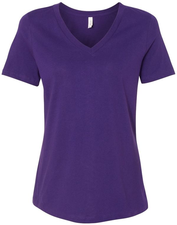 Am image of a Custom Bella and Canvas Ladies' Relaxed Jersey V Neck T Shirt in Team Purple!