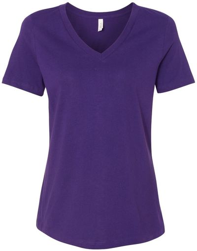 Am image of a Custom Bella and Canvas Ladies' Relaxed Jersey V Neck T Shirt in Team Purple!